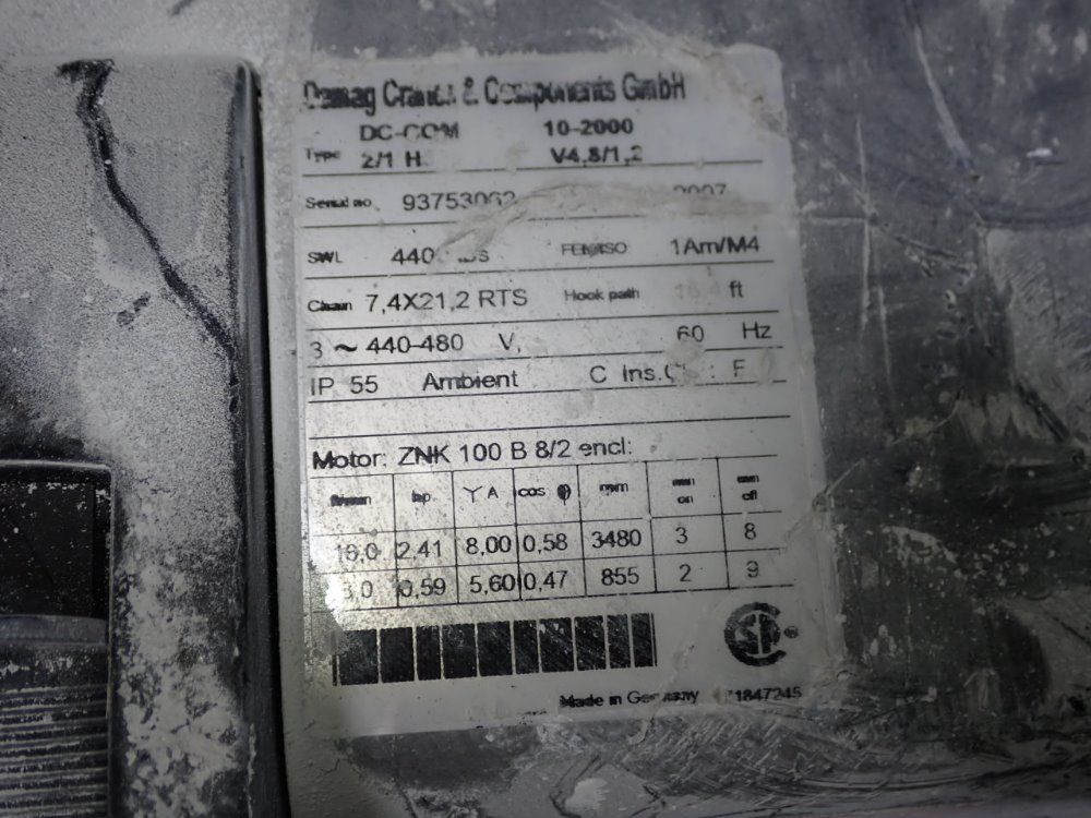 Demag 4400 Lbs Electric Chain Hoist - Dc-com 2/1 H5