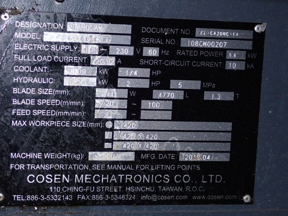 Cosen 22" X 17" Horizontal Band Saw - C-420nc