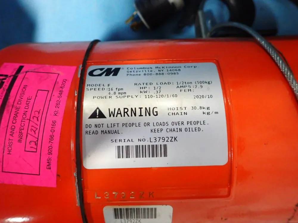 Columbus Mckinnon Corporation 1/2 Ton Hoist - F