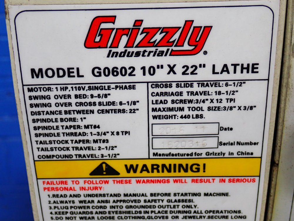Grizzly 10" X 23" Lathe - G0602