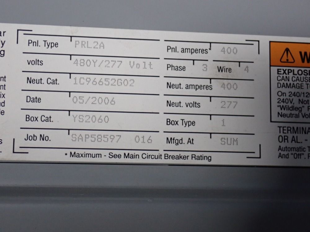 Square D 400 Amp / 277/480 Vac Panelboard - Prl2a