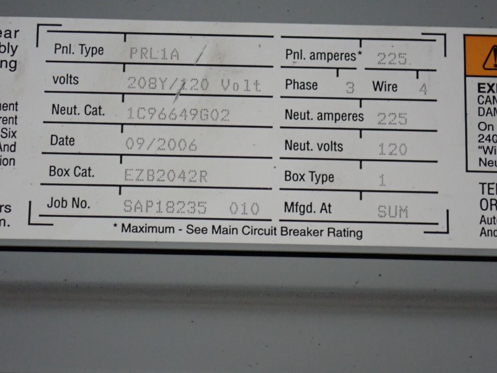 Square D 225 Amp / 120/208 Vac Panelboard - Prl1a