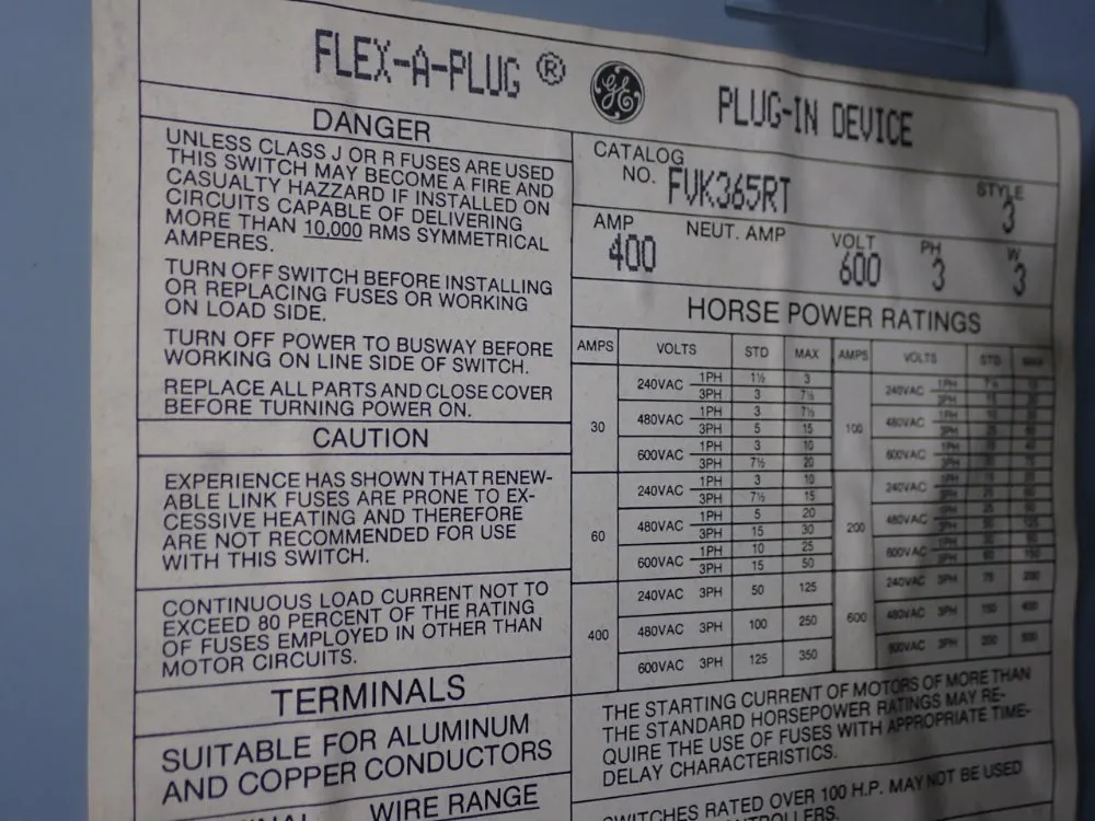 General Electric 400 Amp Bus Plug - Fvk365rt