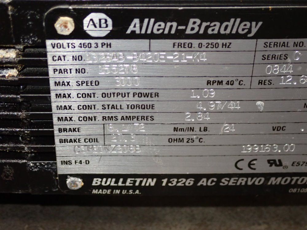 Allen Bradley 1.09 Kw Ac Servo Motor - 1326ab-b420e-21-k4