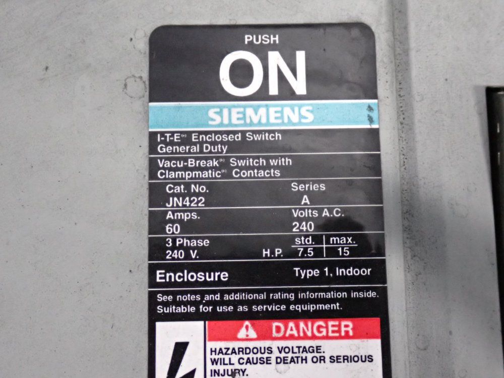 Siemens 60 Amp / 240 Vac Enclosed Switch - Jn422