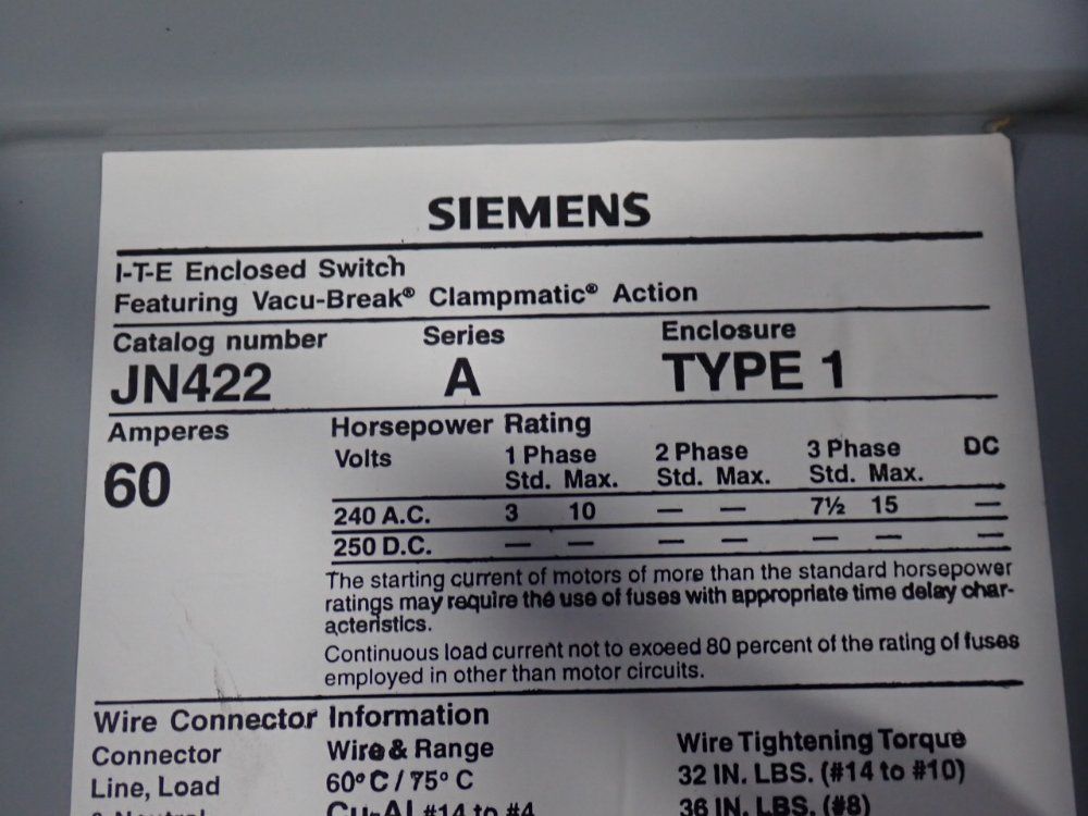 Siemens 60 Amp / 240 Vac Enclosed Switch - Jn422