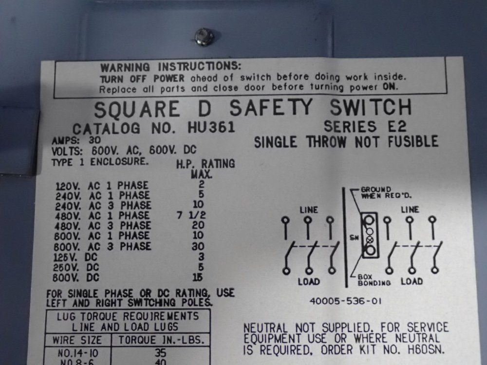 Square D 30 Amp / 600 Vac Safety Switch - Hu361