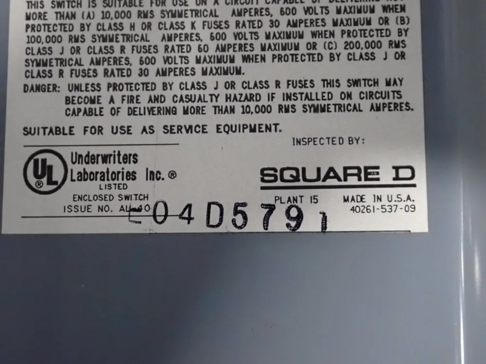 Square D 30 Amp / 600 Vac Safety Switch - Hu361