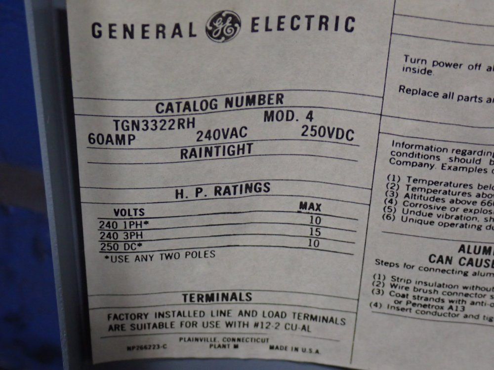 General Electric 60 Amp / 240 Vac Enclosed Switch - Tgn3322rh
