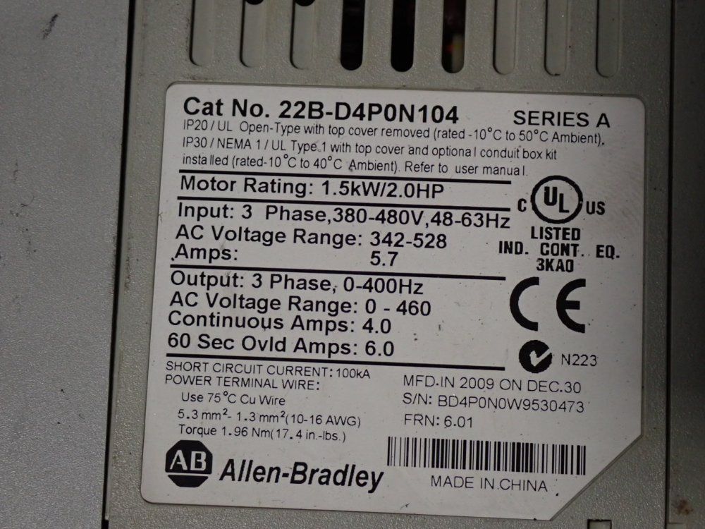 Allen Bradley 2hp Ac Drive - 22b-d4p0n104