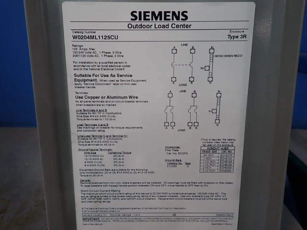 Siemens Main Lug - W0204ml1125cu