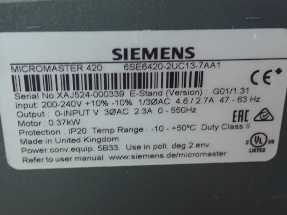 Siemens 0.37 Kw Inverter Drive - 6se6420-2uc13-7aa1