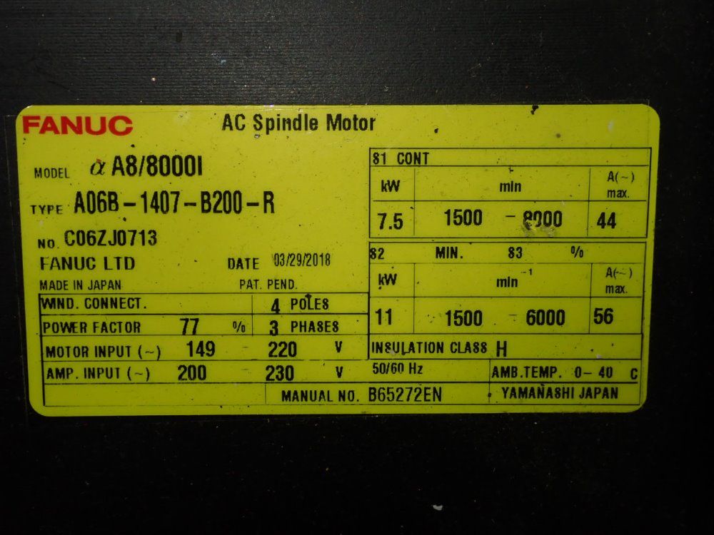 Fanuc 11 Kw Servo Motor - A06b-1407-b200-r