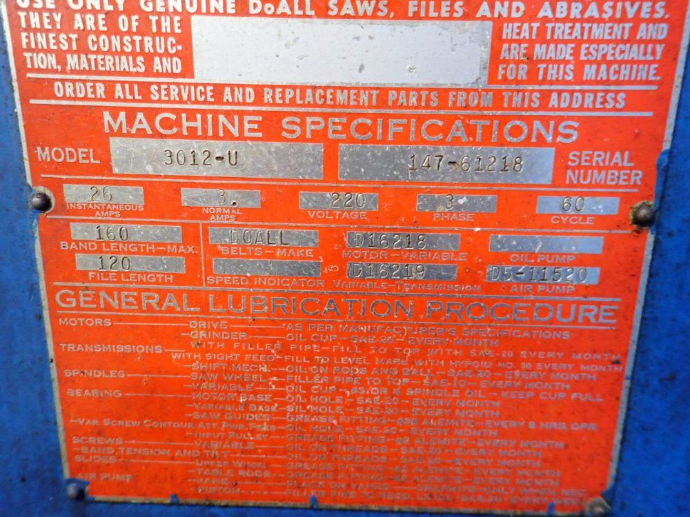 Doall 16" Throat Vertical Band Saw - 3012-u