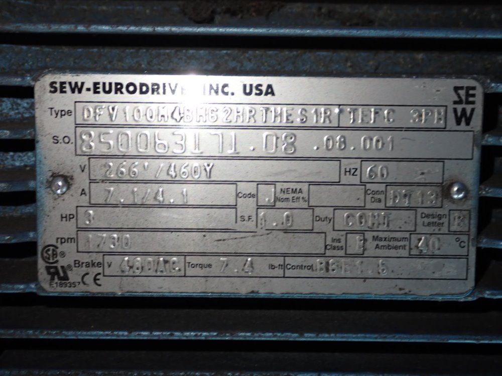 Sew Eurodrive 3 Hp Gear Drive - Dfv100m4bm62hrthes1r