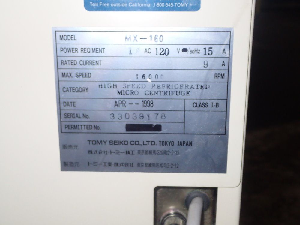 Tomy High Speed Refridgerated Micro Centrifridge - Mx-160