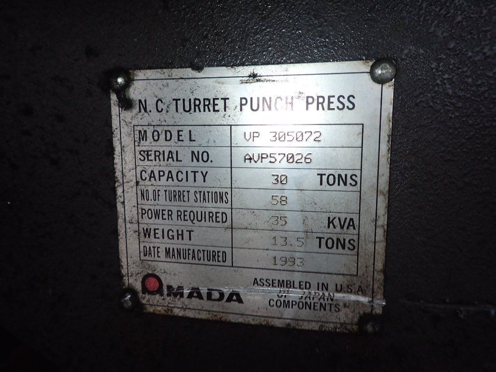 Amada 30 Ton Cnc Turret Punch Press - Vp 305072
