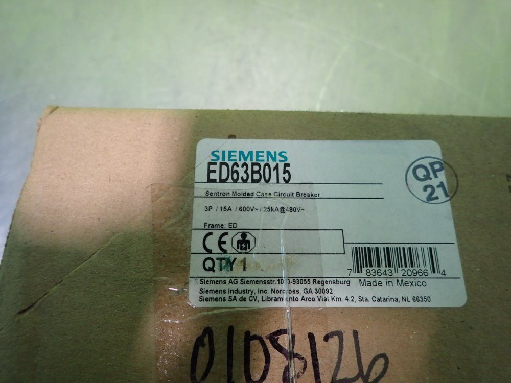 Siemens Ed63b015 Sentron Molded Case Circuit Breaker 15a - Ed63b015