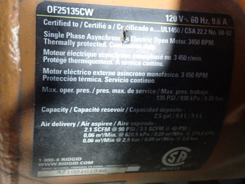 Ridgid Air Compressor W/ Pneumatic Hub