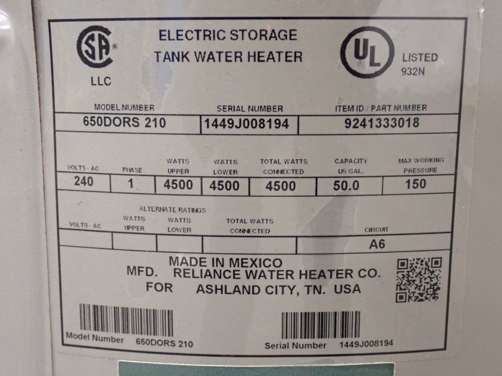 Reliance Water Heater Co. Electric Storage Water Heater Tank