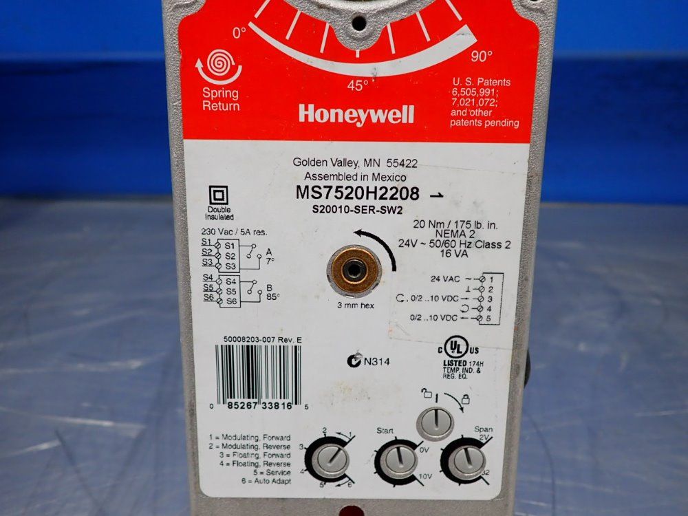 Honeywell 88lb.in. Torque Spring Return Actuator - Ms7520h2208