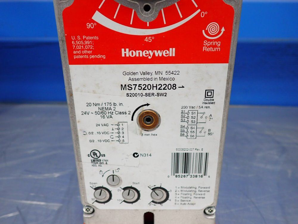 Honeywell 88lb.in. Torque Spring Return Actuator - Ms7520h2208