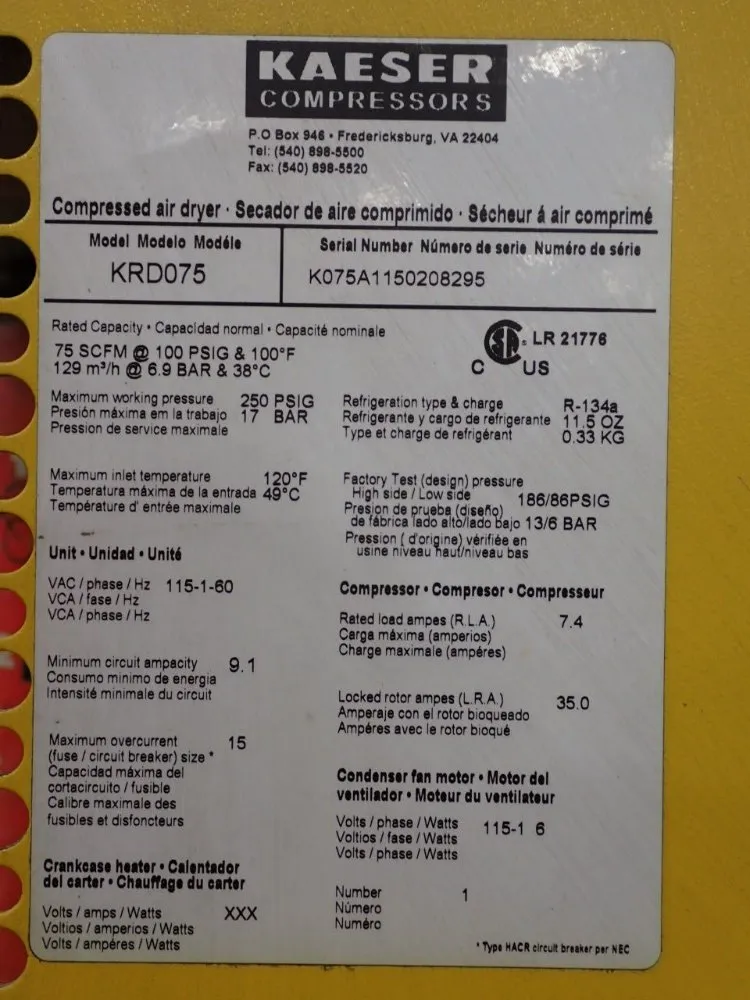 Kaesar Compressors 75 Scfm@100 Psi@100Â° F. Air Compress W/ Air Dryer - Krd075