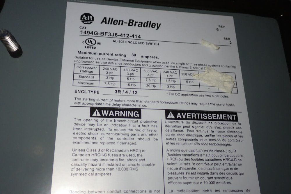 Allen Bradley 30a/600v Fusible Disconnect - 1494g-bf3j6-412-414