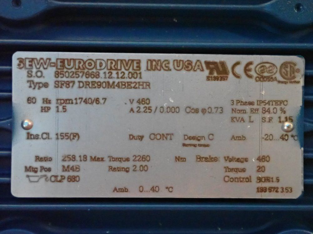 Sew-eurodrive 1 1/2 Hp Gear Drive - Sf37dre90m4be2hr