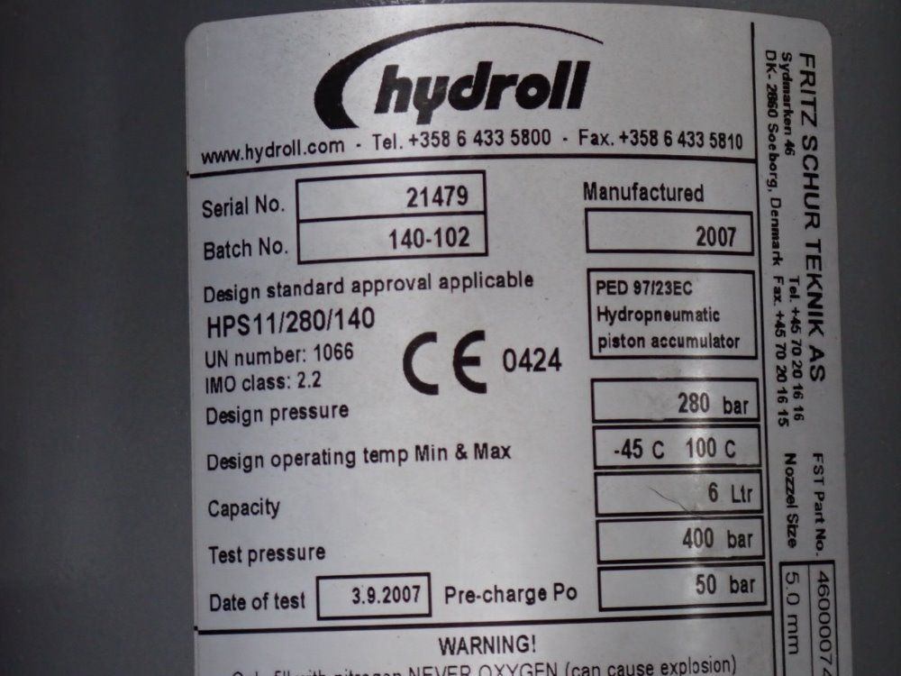 Hydroll 6 Liters Nitrogen Compressed Accumulators