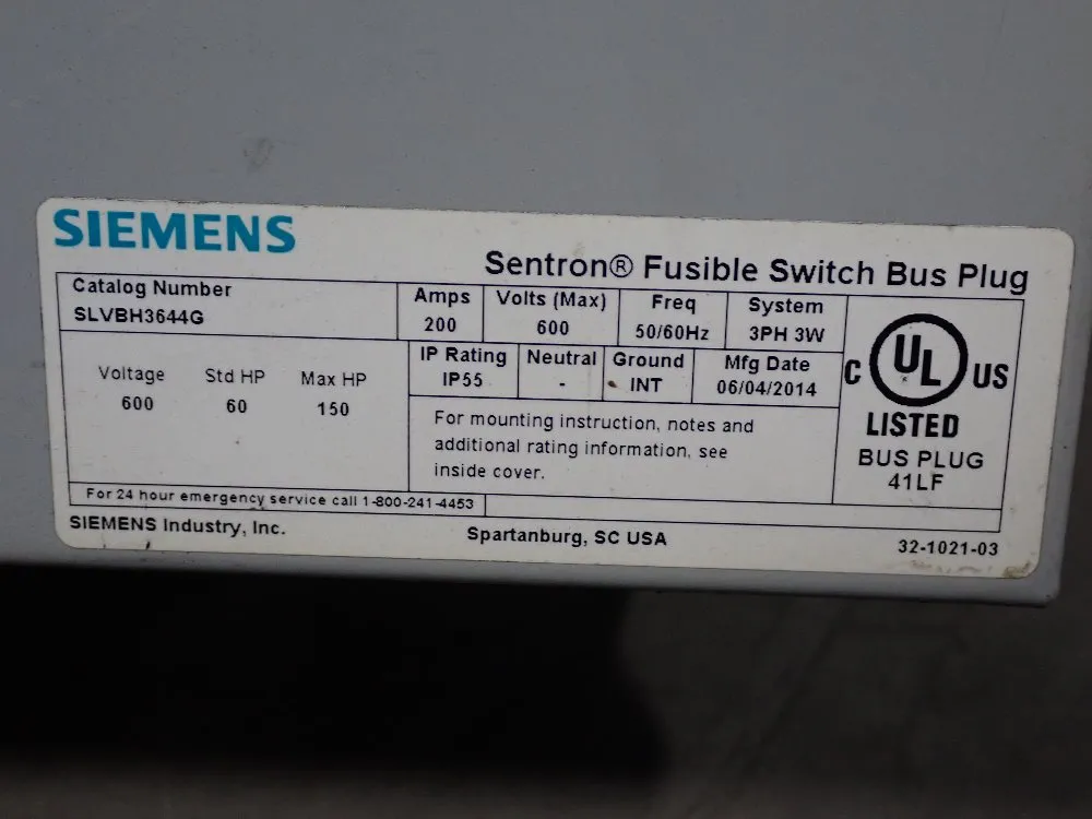 Used Siemens Sentron Fusible Switch Bus Plug | HGR Industrial Surplus