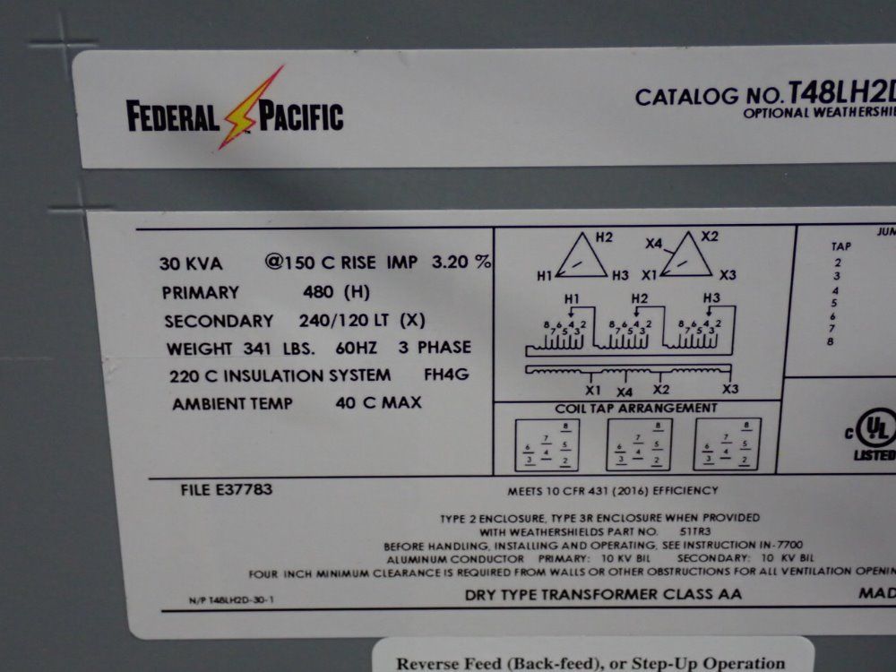 Federal Pacific 30 Kva Federal 30 Kva Pacific Transformer - T48lh2d-30