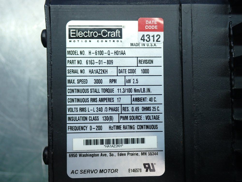 Electro-craft Brushless Servo Motor - H-6100-q-h01aa