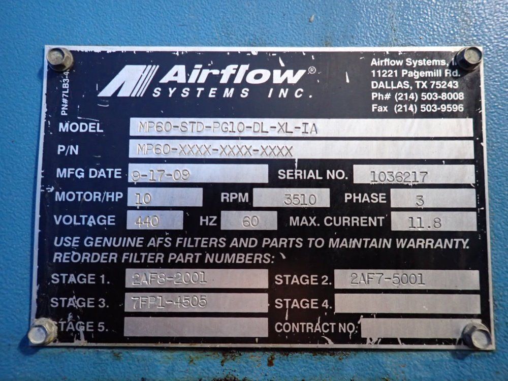 Airflow Systems Inc 10 Hp Mist Collector - Mp60-std-pg10-dl-xl-ia