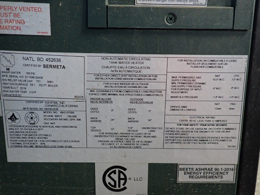 Raypak 210° F Hot Water Boiler - Wh7-0700a