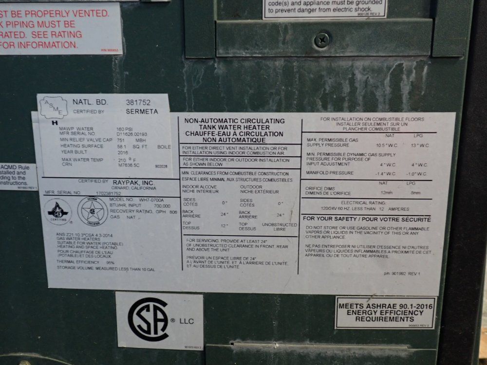 Raypak 210° F Hot Water Boiler - Wh7-0700a