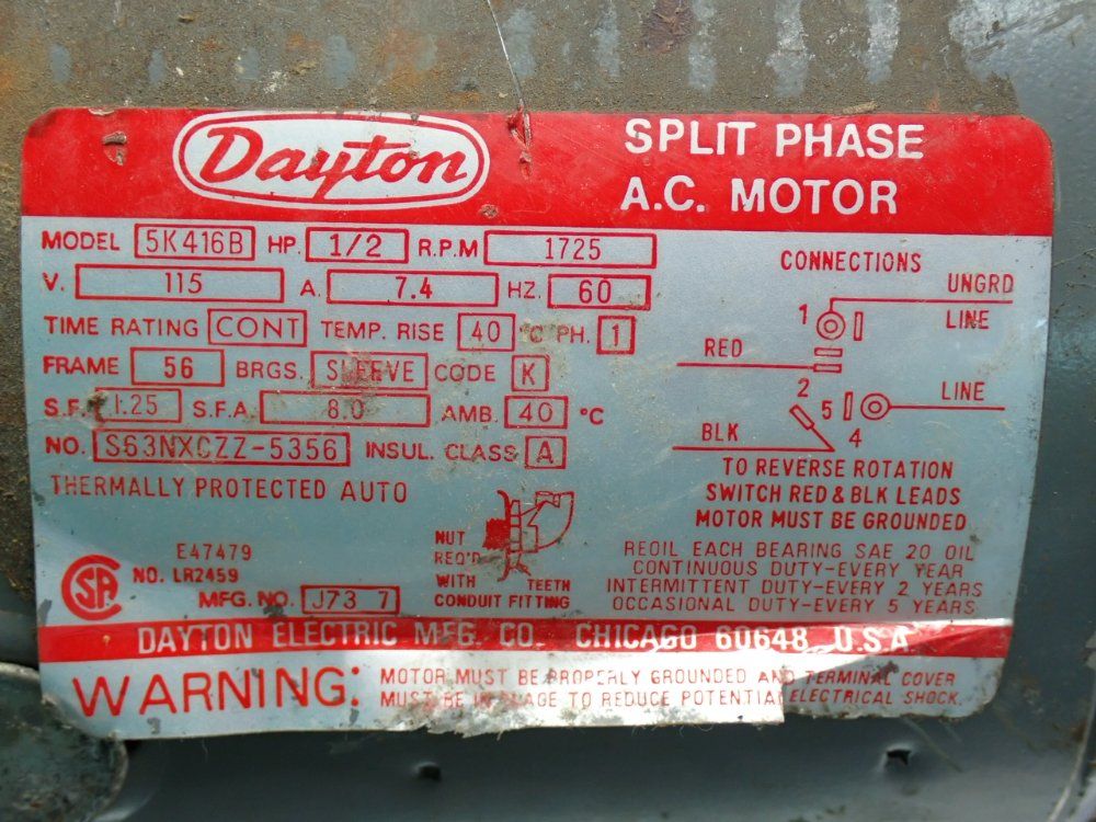 Dayton 1140rpm Ac Motor - 5k416b