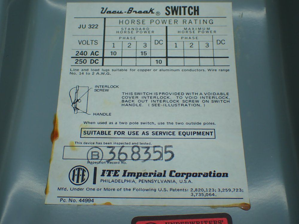 Ite Imperial 15hp General Duty Vacu-break Safety Switch - Ju-322
