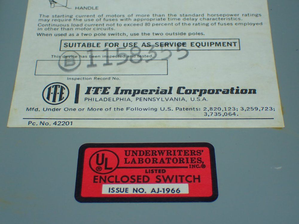 Ite Imperial 15hp General Duty Vacu-break Safety Switch - Ju-322