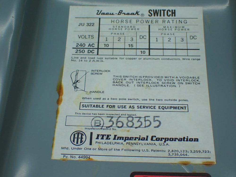 Ite Imperial 15hp General Duty Vacu-break Safety Switch - Ju-322