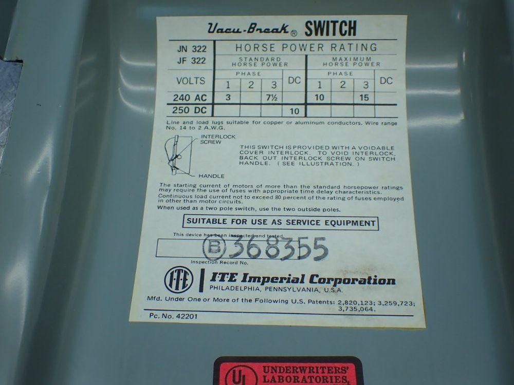 Ite Imperial 15hp General Duty Vacu-break Safety Switch - Ju-322
