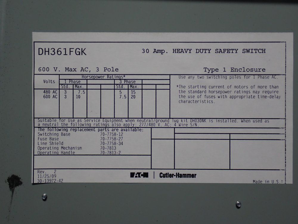 Eaton 30 A Heavy Duty Switch
