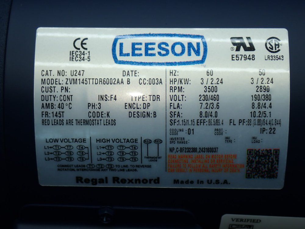 Leeson 3hp 3500rpm General Purpose Motor - 145ttdr6002aa