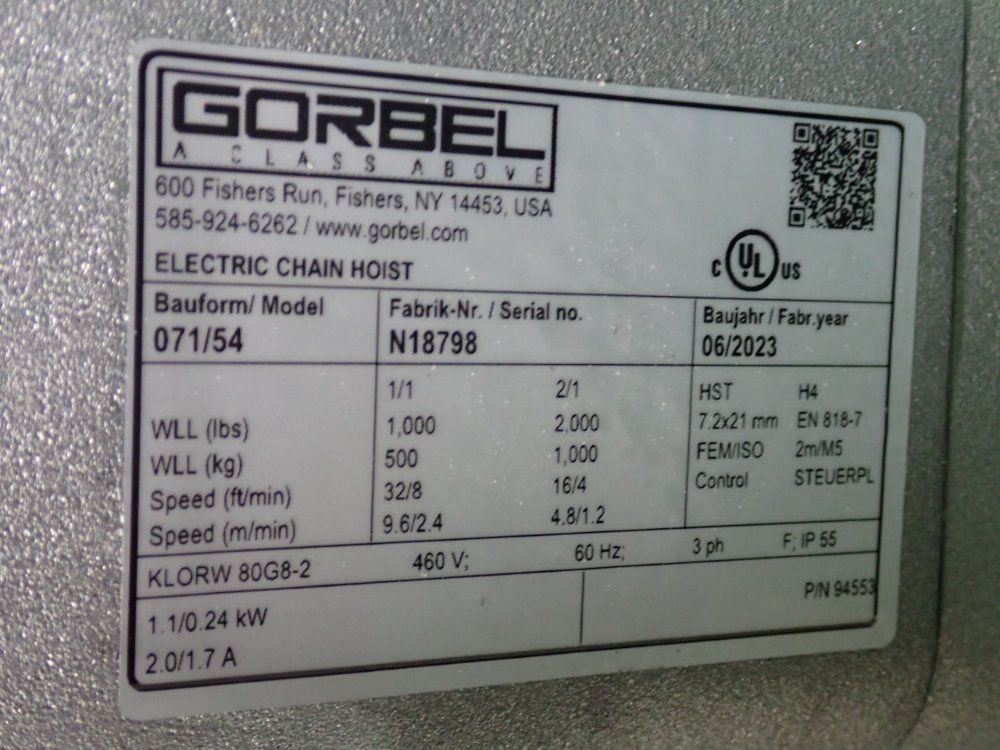 Gorbel 1/2 Ton Electric Chain Hoist - 54