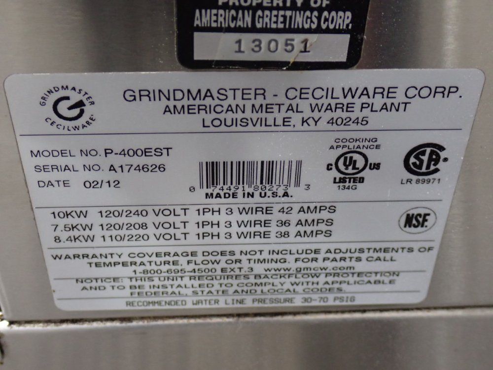 Grindmaster-cecilware Corp 10 Kw Coffee Maker - P-400est