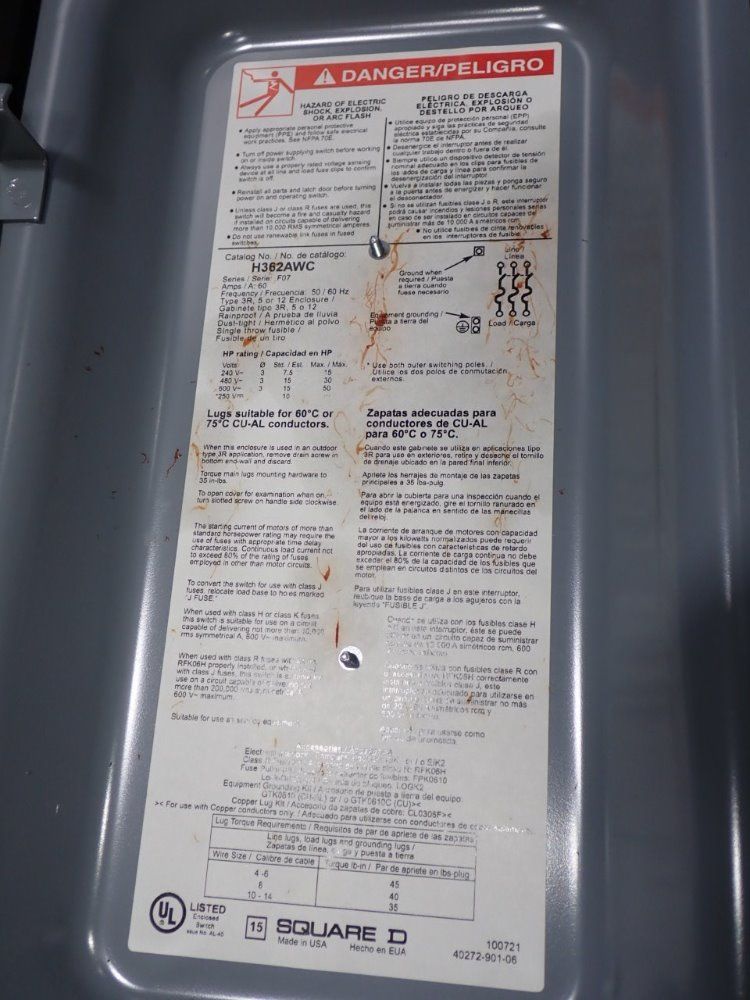 Square D 60 Amps Fusible Disconnect - H362awc