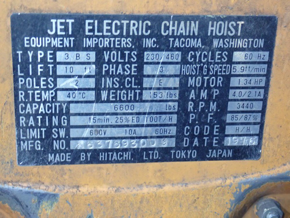 Hitachi Ltd 3 Tons Electric Chain Hoist - 3bs