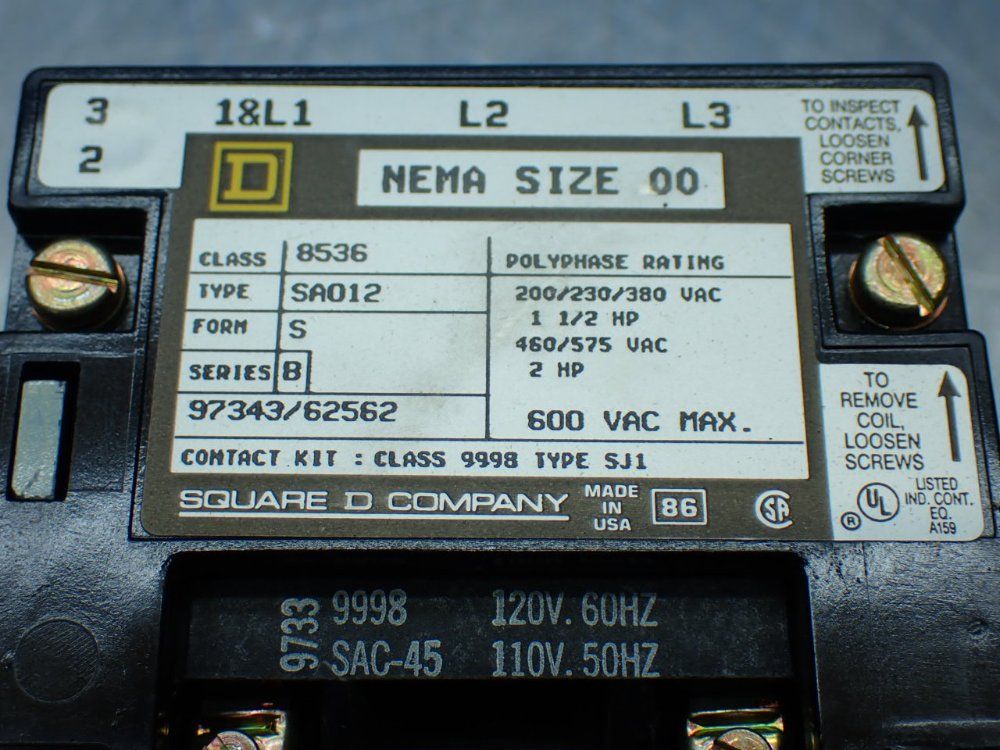 Square D 2hp Ac Magnetic Nema Rated Starter - 8536 Sa012v02