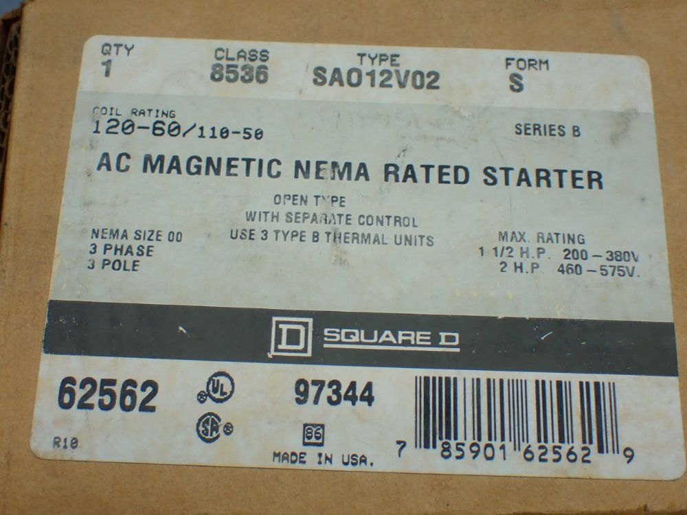 Square D 2hp Ac Magnetic Nema Rated Starter - 8536 Sa012v02