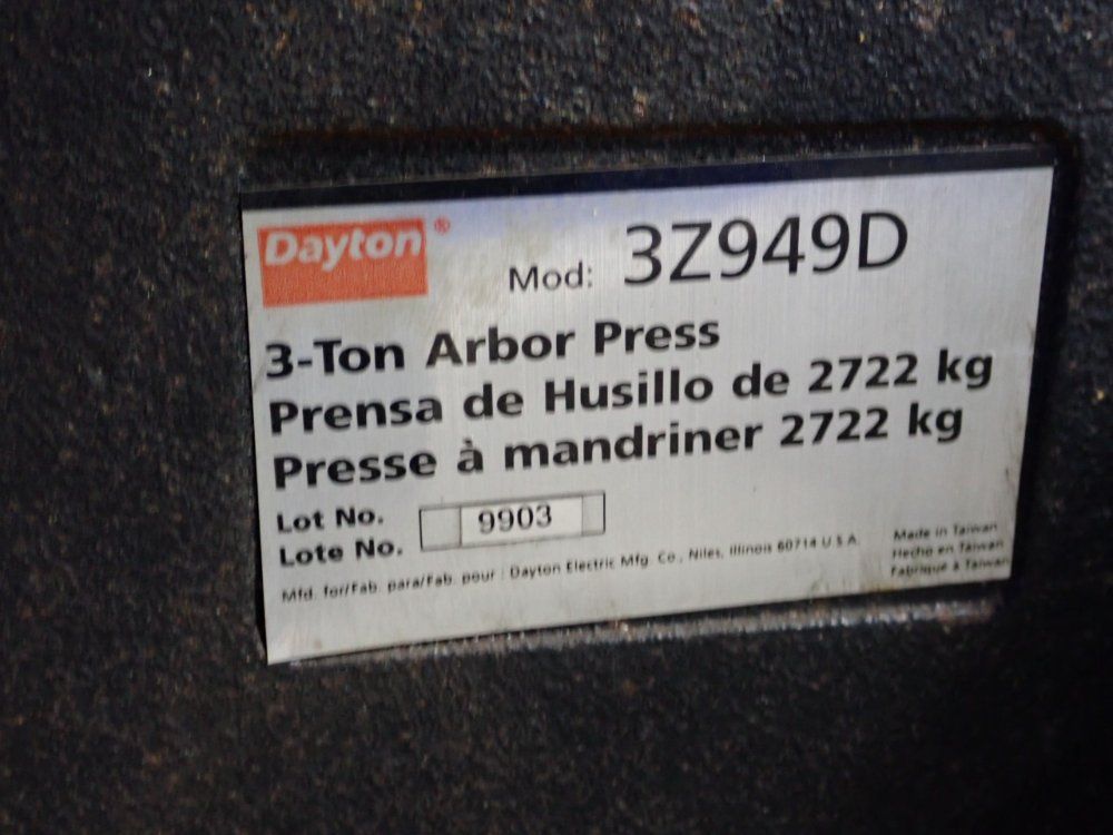 Dayton 3 Ton Manual Arbor Press - 3z949d